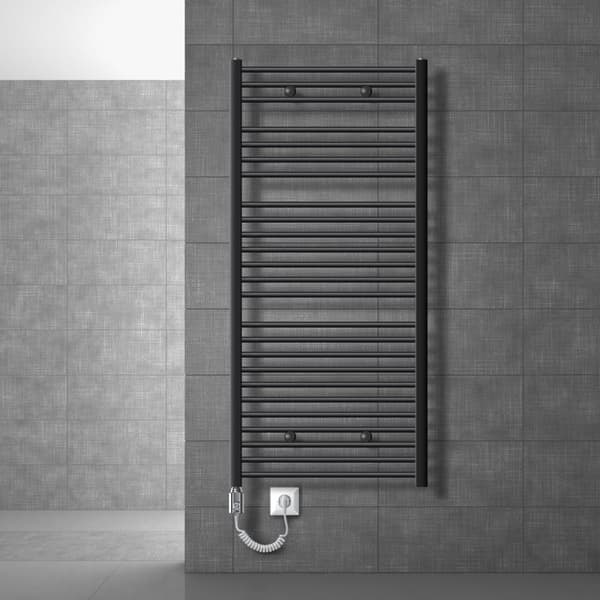 Opvarmet håndklæde radiator med opvarmning element 900 W ECD Germany Model Sahara 750 x 1500 mm lige antracit sidetilslutning håndklædeholder