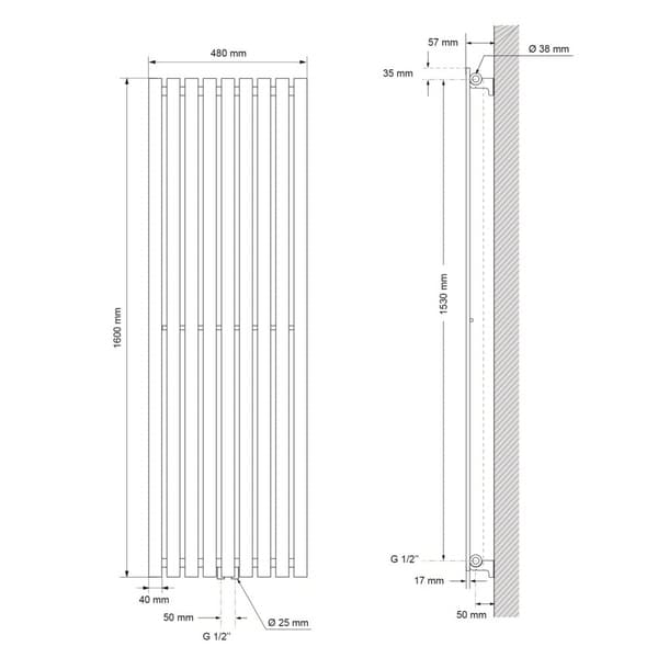 Badeværelsesradiator Lodret med centertilslutning 480x1600 mm Hvid LuxeBath