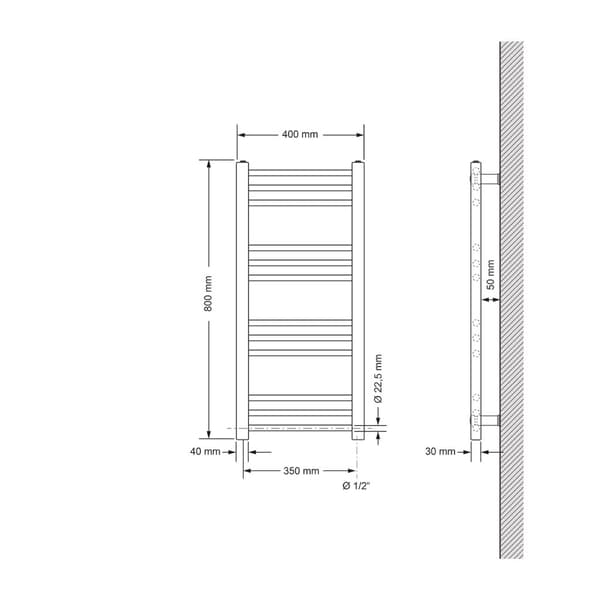 Badrumsradiator Sahara 400x800 mm krom rak med sidoanslutning LuxeBath