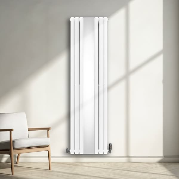Radiator med Ovale Paneler & Spejl 1800 mm & Ventil Designer Dobbelt Søjle Lodret Grå Sort Hvid Kulstofstål Vægmonteret Køkken Stue Monteringssæt