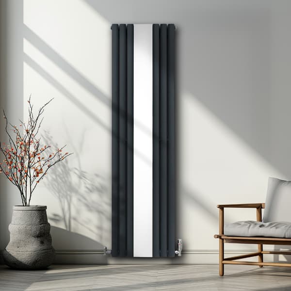 Radiator med Ovale Paneler & Spejl 1800 mm & Ventil Designer Dobbelt Søjle Lodret Grå Sort Hvid Kulstofstål Vægmonteret Køkken Stue Monteringssæt