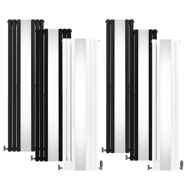 Radiator med Ovale Paneler & Spejl 1800 mm & Ventil Designer Dobbelt Søjle Lodret Grå Sort Hvid Kulstofstål Vægmonteret Køkken Stue Monteringssæt