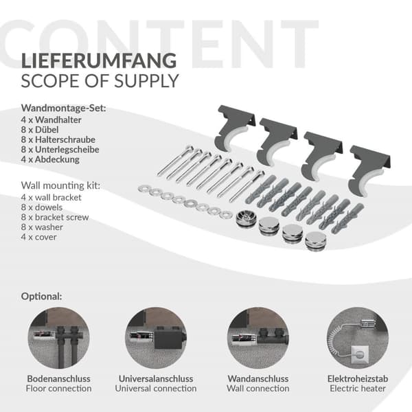 Badrumsradiator centrumanslutning med spegel 450x1200 mm antracit inkl. universalanslutningssats med termostat LuxeBath