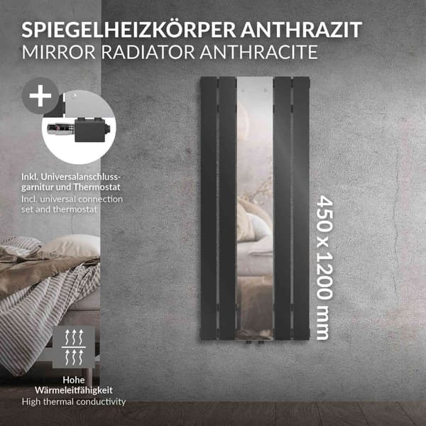 Badrumsradiator centrumanslutning med spegel 450x1200 mm antracit inkl. universalanslutningssats med termostat LuxeBath
