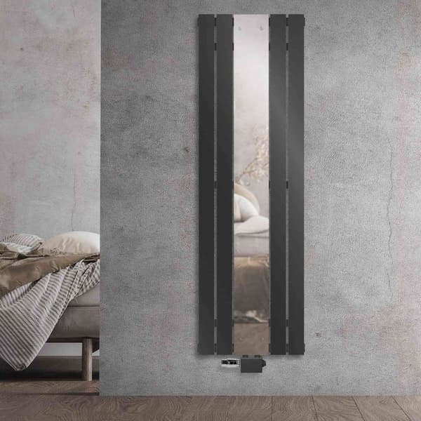Badeværelsesradiator centertilslutning med spejl 450x1600 mm antracit inkl. universaltilslutningssæt med termostat LuxeBath