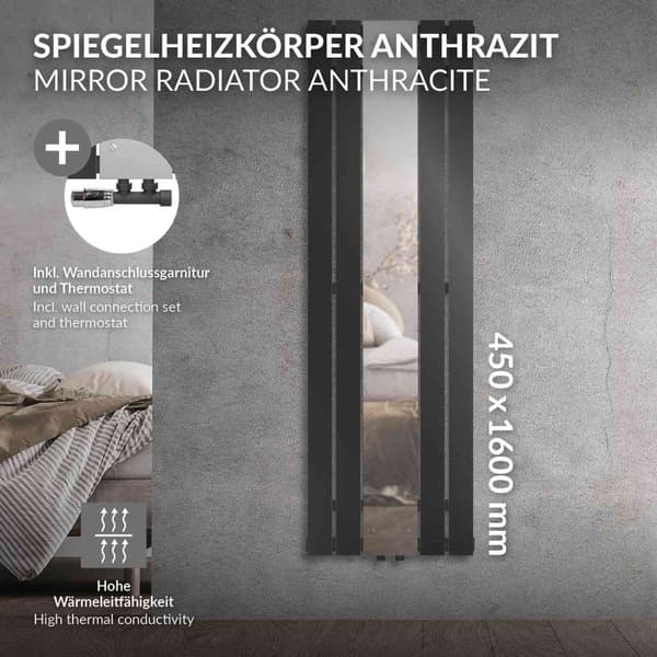 Kylpyhuonepatteri keskiliitäntä peilillä 450x1600 mm antrasiitti sis. seinäliitäntäsarjan termostaatilla LuxeBath