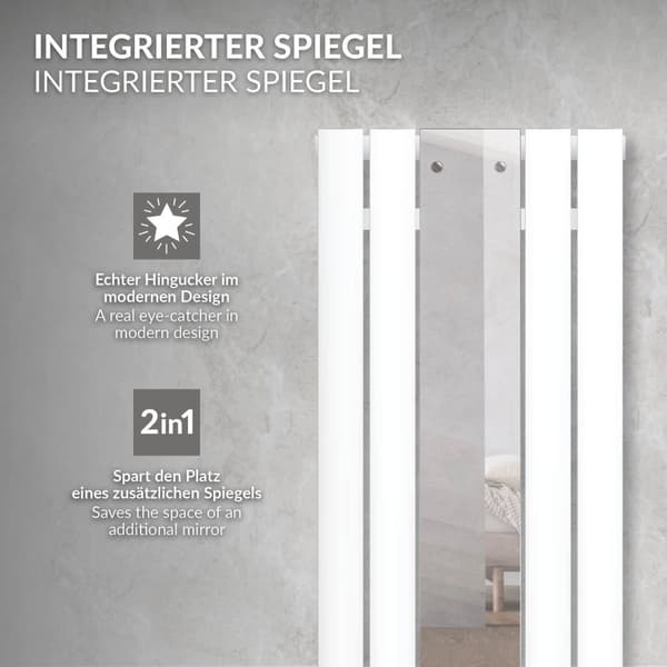Kylpyhuonepatteri keskiliitäntä peilillä 450x1200 mm valkoinen sis. seinäliitäntäsarjan termostaatilla LuxeBath