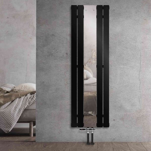 Badeværelsesradiator centertilslutning med spejl 450x1600 mm sort inkl. gulvtilslutningssæt med termostat LuxeBath