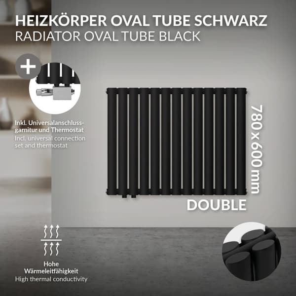 Badeværelsesradiator dobbeltlag vandret 600x780 mm sort inkl. tilslutningssæt med termostat Universal LuxeBath