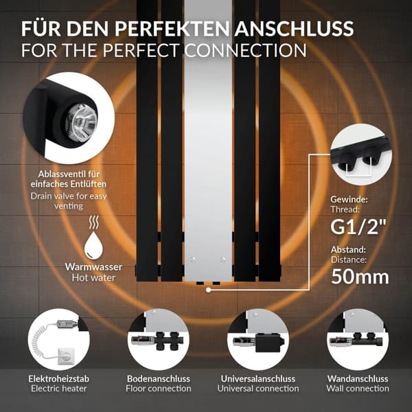 Badeværelsesradiator centertilslutning med spejl 450x1200 mm sort inkl. vægtilslutningssæt med termostat LuxeBath