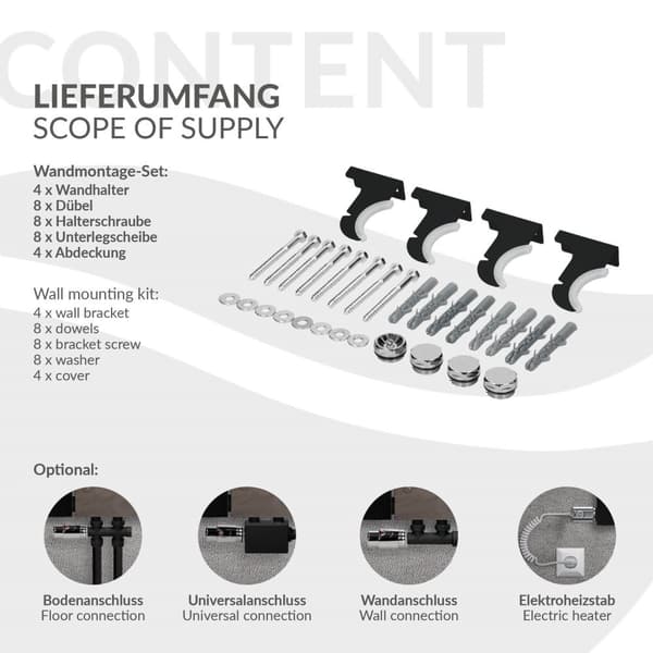 Badeværelsesradiator centertilslutning med spejl 450x1200 mm sort inkl. vægtilslutningssæt med termostat LuxeBath