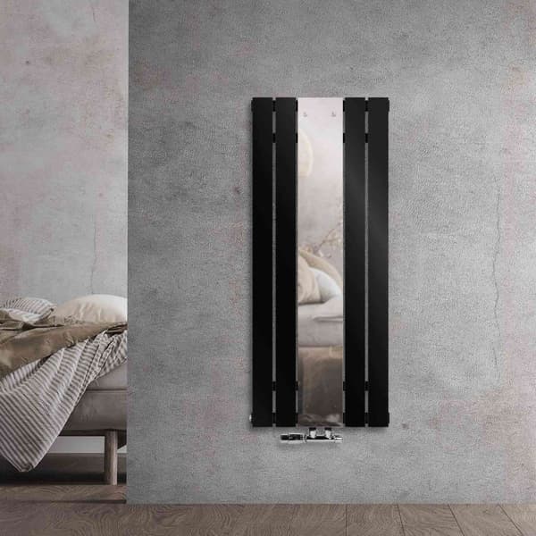 Badeværelsesradiator centertilslutning med spejl 450x1200 mm sort inkl. vægtilslutningssæt med termostat LuxeBath