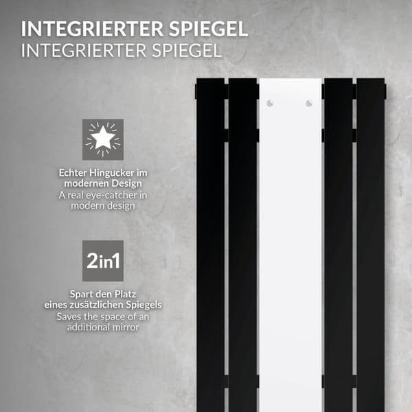 Kylpyhuonepatteri keskiliitäntä peilillä 450x1200 mm musta sis. lattialiitäntäsarja termostaatilla LuxeBath