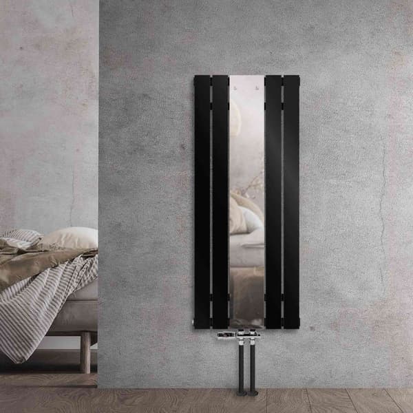 Kylpyhuonepatteri keskiliitäntä peilillä 450x1200 mm musta sis. lattialiitäntäsarja termostaatilla LuxeBath