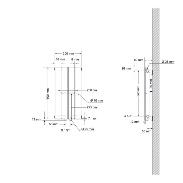 ML-Design Panelradiator Enkeltlags 600x300mm Antracit Midtertilslutning med tilslutningsarmatur Universal Hjørne- Gennemgangsform Multiblock