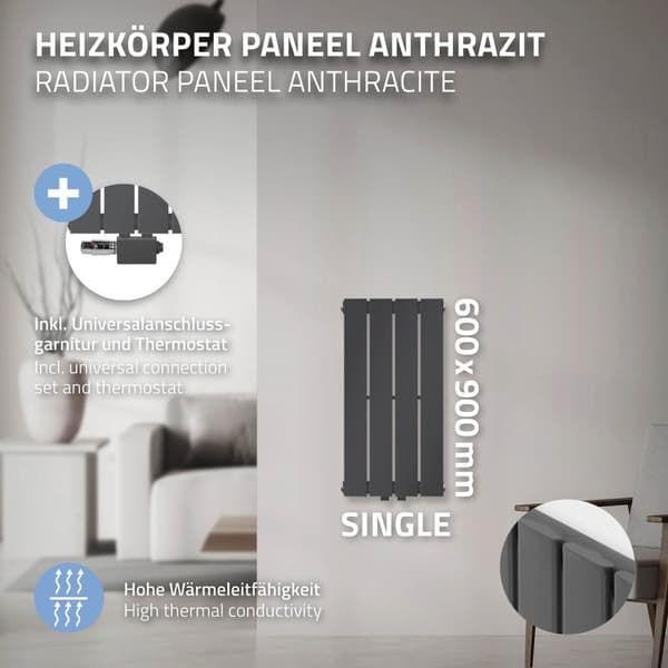 ML-Design Panelradiator Enkeltlags 600x300mm Antracit Midtertilslutning med tilslutningsarmatur Universal Hjørne- Gennemgangsform Multiblock