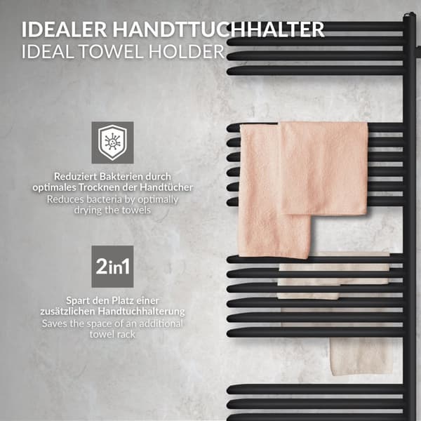 Elektrisk badrumsradiator med värmeelement 900W 500x1200 mm svart matt med termostat touch control LuxeBath