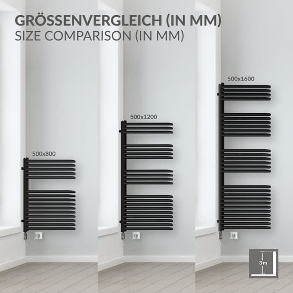 Elektrisk badrumsradiator med värmeelement 900W 500x1200 mm svart matt med termostat touch control LuxeBath