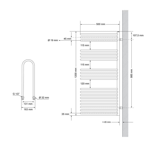 Elektrisk badrumsradiator med värmeelement 900W 500x1200 mm svart matt med termostat touch control LuxeBath