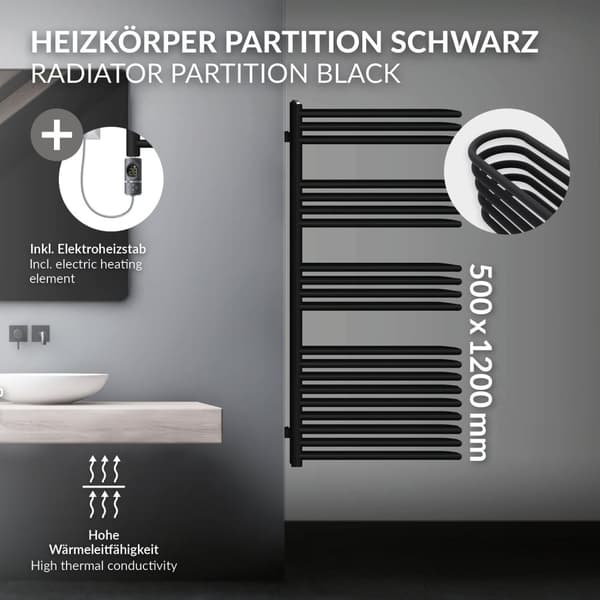 Elektrisk badeværelsesradiator med varmeelement 900W 500x1200 mm sort mat med termostat touch control LuxeBath