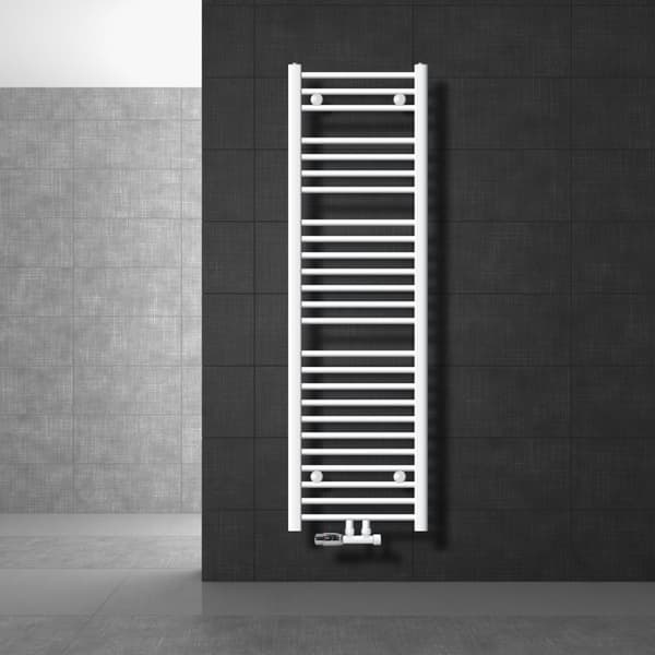 Badrumsradiator Sahara 400x1500 mm vit böjd med centrumanslutning och vägganslutningssats