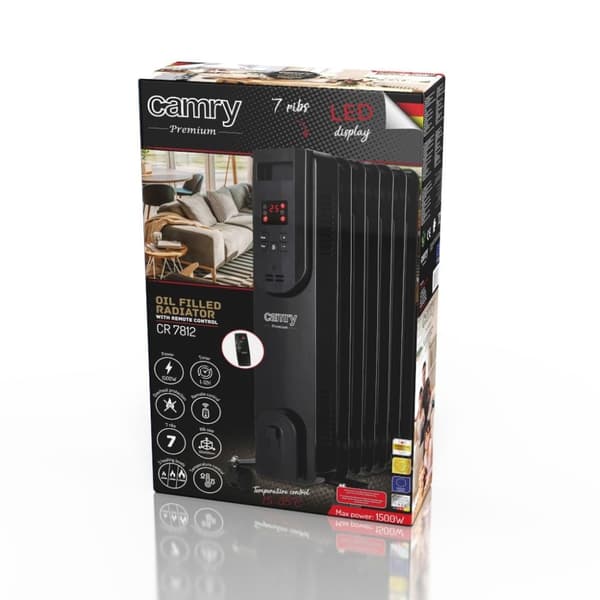 Elektrisk oliefyr med fjernbetjening CAMRY CR 7812, 7 ribber, 1500 W sort