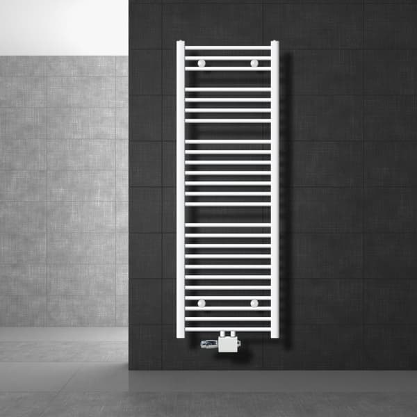 Badeværelsesradiator 500x1500 mm hvid, buet, universelt tilslutningssæt