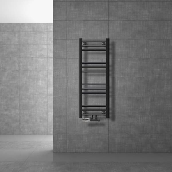 Badrumsradiator Sahara 300x800 mm antracit rak med centrumanslutning och vägganslutningsset LuxeBath