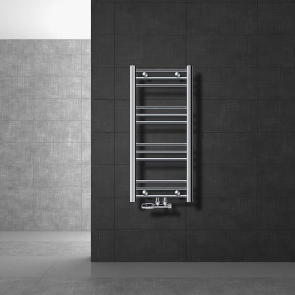 Badrumsradiator Sahara 400x800 mm krom rak med centrumanslutning och vägganslutningssats