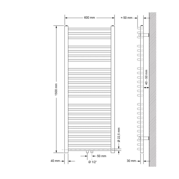 Kylpyhuonepatteri Sahara 600x1500 mm valkoinen kaareva keskiliitännällä ja yleisliitäntäsarjalla varustettuna.