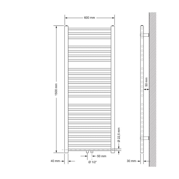 Badeværelsesradiator Sahara 600x1500 mm hvid lige med centertilslutning og universaltilslutningssæt