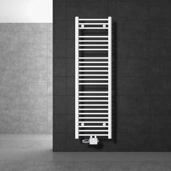 Badeværelsesradiator Sahara 400x1500 mm hvid lige med centertilslutning og LuxeBath universaltilslutningssæt