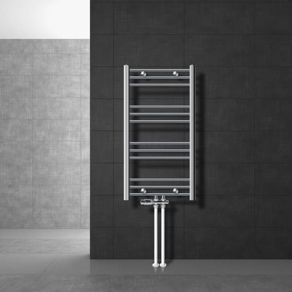 Badeværelsesradiator Sahara 500x800 mm krom buet med centertilslutning og gulvtilslutningssæt