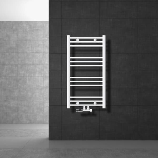 Badeværelsesradiator Sahara 500x800 mm hvid lige med centertilslutning og vægtilslutningssæt