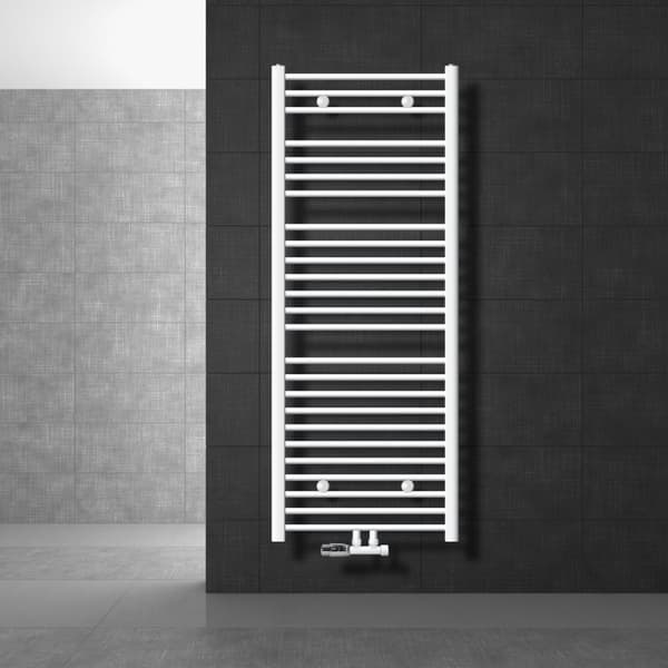 Badeværelsesradiator Sahara 600x1500 mm hvid buet med centertilslutning og vægtilslutningssæt