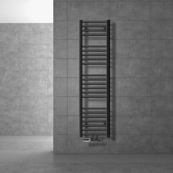 Badeværelsesradiator Sahara 300x1400 mm antracit lige med centertilslutning og vægtilslutningssæt