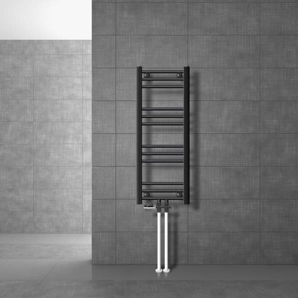 Badrumsradiator Sahara 300x800 mm antracit rak med centrumanslutning och golvanslutningssats