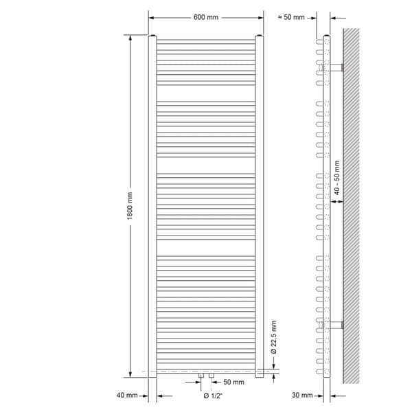 Kylpyhuonepatteri 600x1800 mm valkoinen, kaareva, pohjan liitäntäsarja
