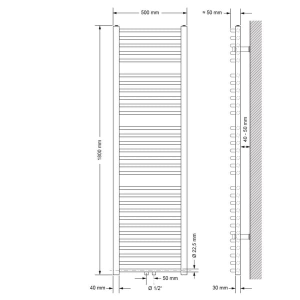 Badrumsradiator med centrumanslutning 500x1800 mm antracit böjd med vägganslutningsset LuxeBath