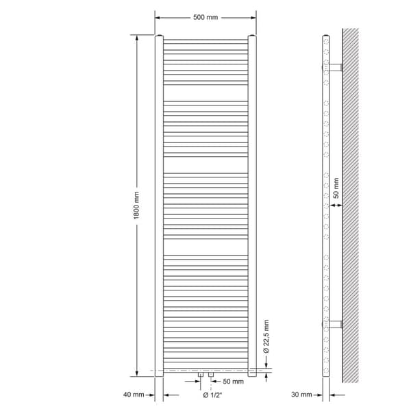 Badrumsradiator centrumanslutning 500x1800 mm antracit rak med vägganslutningsset LuxeBath