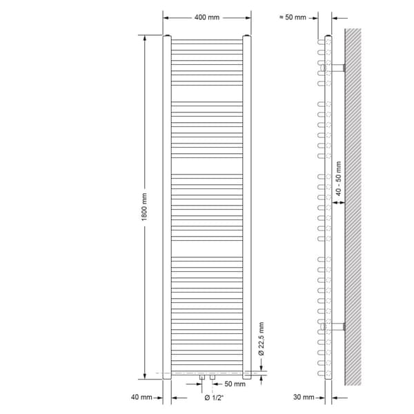 Kylpyhuonepatteri Sahara 400x1800 mm antrasiitti kaareva keskiliitännällä ja yleisliitäntäsarjalla varustettuna.