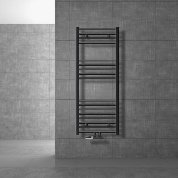 Badeværelsesradiator Sahara 500x1200 mm antracit buet med centertilslutning og vægtilslutningssæt