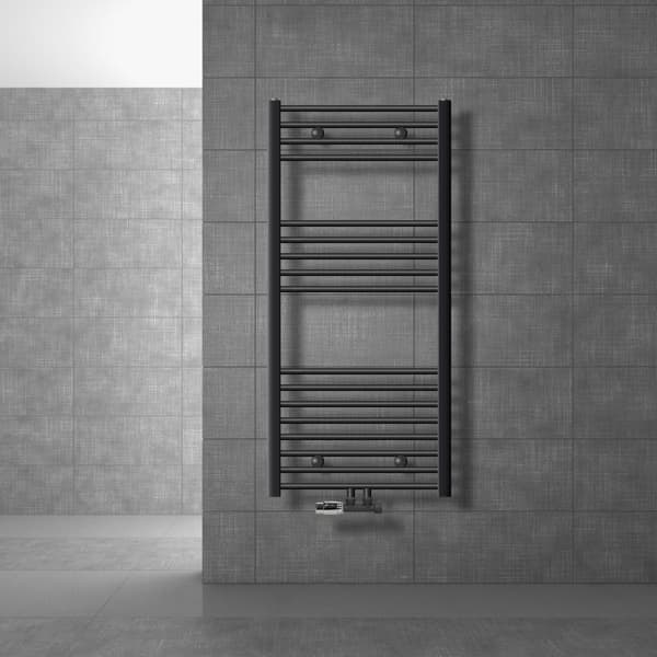 Badeværelsesradiator Sahara 600x1200 mm antracit buet med centertilslutning og vægtilslutningssæt