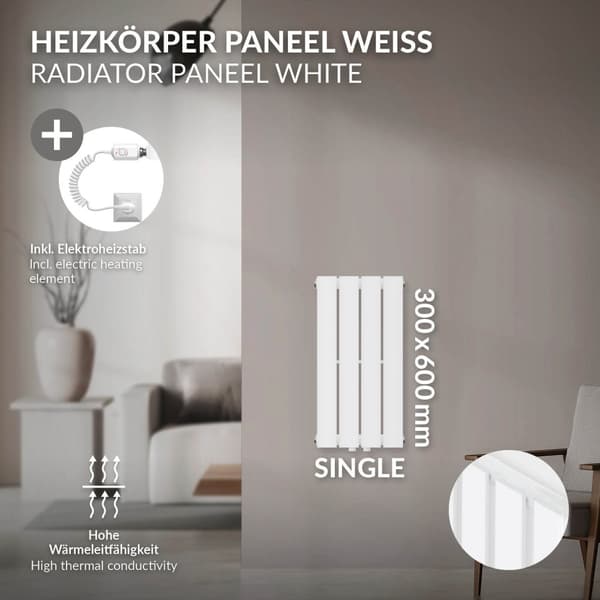 Paneelipatteri Yksikerroksinen 300x600 mm Valkoinen yleisliitäntäsarjalla ML-Design