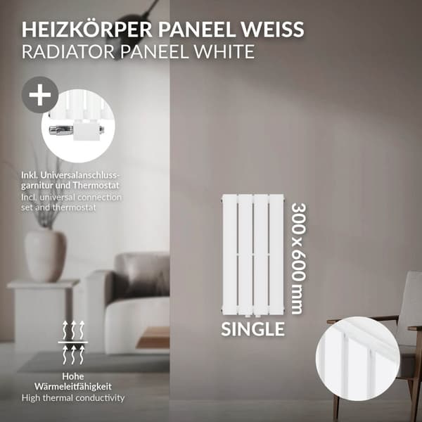 Paneelipatteri Yksikerroksinen 300x600 mm Valkoinen yleisliitäntäsarjalla ML-Design