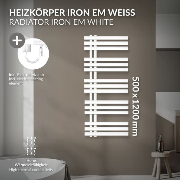 Design badrumsradiator Järn EM 500x1200 mm Vit LuxeBath