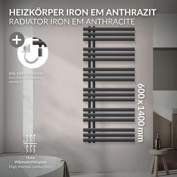 Jernradiator Håndklæderadiator Badeværelsesradiator Antracit 60x140cm Varmeelement 1200W