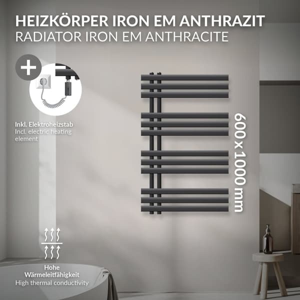 Design badrumsradiator Järn EM 600x1000 mm antracit Luxe Bath