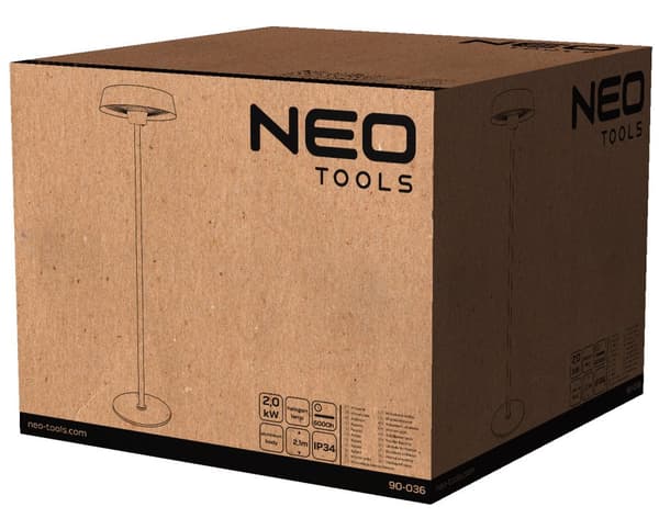 Gulvvarmer 1000W/2000W, aluminium, IP34, halogenlampe varmelegeme, højde 2,1 m, uden fjernbetjening