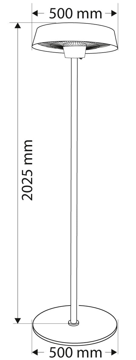 Gulvvarmer 1000W/2000W, aluminium, IP34, halogenlampe varmelegeme, højde 2,1 m, uden fjernbetjening